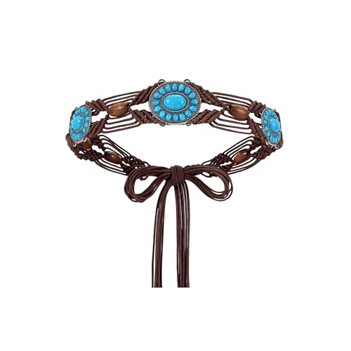 WHIPPY Boho Turquoise Belt for Women Wax Rope Braided Waist Belt Western Hand-Woven Bead Tassel Belts for Dress, 2” Wide - color: Coffee
