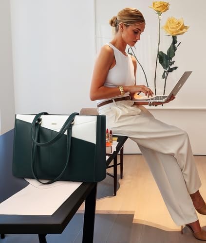 LOVEVOOK Laptop Bag for Women 15.6 Inch Tote Bags Waterproof Leather Briefcase Computer Women Business Office Work Bag,Green/White - color: Green/White 15.6 Inch, size: 15.6 inch