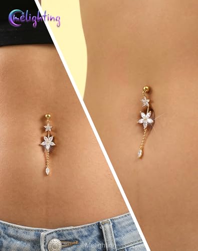Melighting 14G Lotus Belly Button Ring, Dangle Belly Ring Surgical Steel 316L, Reverse Navel Piercing Jewelry, 10 mm Silver Flower Body Jewellery for Women - style: Gold Lotus