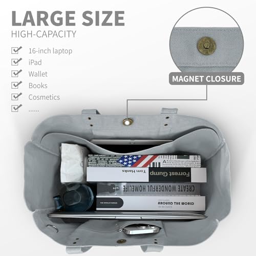 HOMESPON Large Canvas Tote Bag for Women Everything Bag with Pockets and Laptop Sleeve - color: Grey
