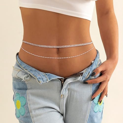 CHESKY 14K Gold Plated Silver Plated Waist Chain for Women, Layered Belly Belt Chains Beach Waist Beads Chain Waterproof Snake Cuban Body Chain Summer Jewelry Accessories for Women - style: cuban wave-sl