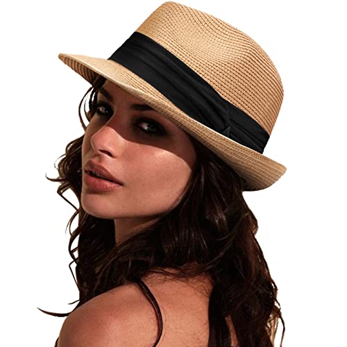 DRESHOW Women Straw Sun Hat Short Brim Panama Travel Fedora Summer Hat Roll Up Beach Cap for Women UPF 50+ - color: Khaki Fa