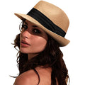 DRESHOW Women Straw Sun Hat Short Brim Panama Travel Fedora Summer Hat Roll Up Beach Cap for Women UPF 50+ - color: Khaki Fa
