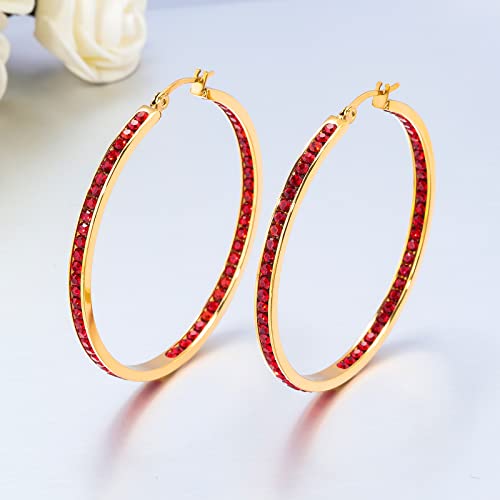 CiNily Mult-colors Crystal Stainless Steel Hoop Earring for Women Hypoallergenic Jewelry for Sensitive Ears Large Big Hoop Earrings 2" - color: Gold-Red CZ