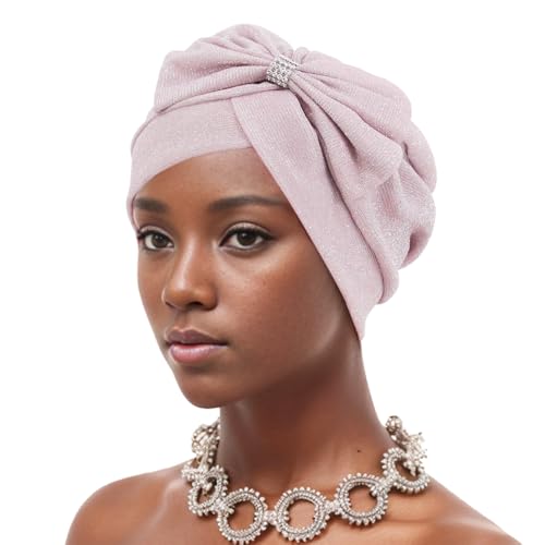 Erinaco Women Sparkle Sequin African Turban Bow Knot Pre-Tied Cap Pleated Ruffle Bonnet Beanie Hat Headwrap Skull Caps - color: Glitter Pink
