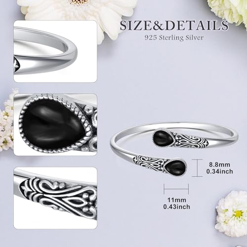 925 Sterling Silver Genuine Gemstone Bracelet for Women Men Handmade Adjustable Boho Navajo Style Bangle Cuff Natural Stone Jewelry Gift - color: Black Onyx