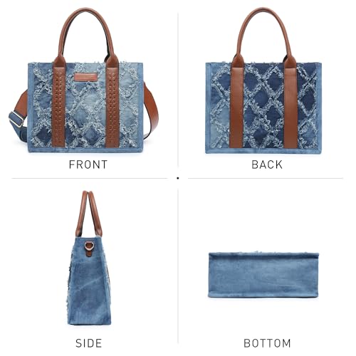 Denim Tote Bag for Women Top Handle Satchel Purse Boho Shoulder Handbags with Wristlet - color: Blue