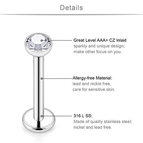 SCERRING 6 Pairs 14G Stainless Steel Clear CZ Internally Threaded Labret Monroe Lip Tragus Cartilage Helix Earring Ring Body Piercing Jewelry 6-10mm - style: 10mm Silver