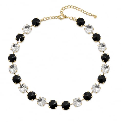 Fashionable Chunky Plated Tennis Rhinestone Statement Necklace Jewelry Set for Women Multicolor gem necklace with Great Sparkle and Shine Design for Women to Easy Match - color: black/white round rhinestone