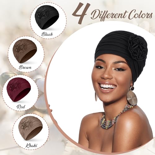 JenPen 4 Pcs Cotton Chemo Headwear for Women Turban Soft Cancer Head Scarf Hats Beanie Elastic Hair Wraps - color: Black, Khaki, Wine Red, Brown