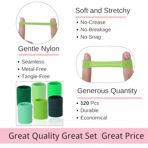 LuSeren 120 Pcs Green Hair Ties for Women, No Damage Soft Seamless Nylon Hair Elastics for Thick Hair, Ponytail Holders,6 Gradient Green Hair Accessories - color: Green