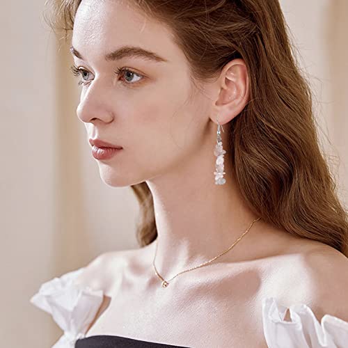 Handmade Bohemian Vintage Silver Nature Stone Beads Long Dangle Drop Earrings for Women - color: Pink