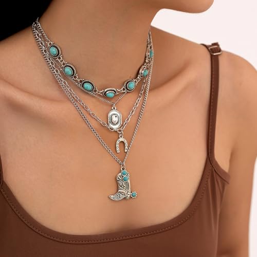 Western Necklaces Boho Layered Charm Necklace for Women Turquoise Beaded Choker Ox-head Pendant Necklace Western Jewelry for Women Cowgirl Accessories - color: Style-H