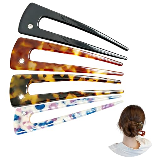 French Hair Clips 4-Pack Assorted Styles, U-Shaped Textured Hair Pins for Women with Black, Tortoiseshell, Leopard & Smoky, for Ponytail Bun Updo (Assorted) - color: Assorted