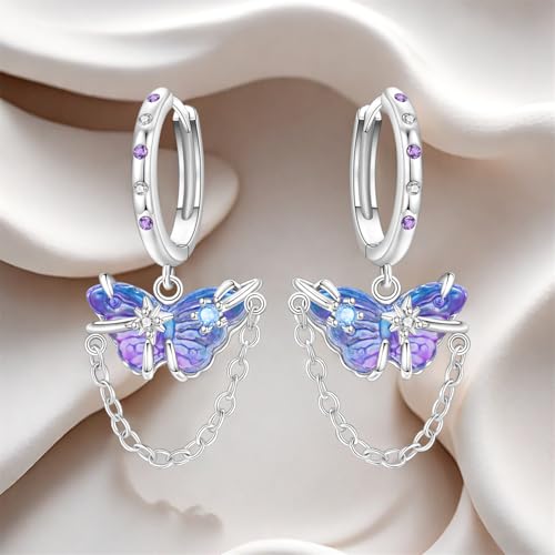 925 Sterling Silver Dangle Earrings for Women, Butterfly&Bee Animals Design, Hypoallergenic Jewelry gifts - color: Purple butterfly earrings