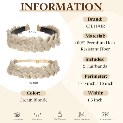 CJL HAIR 2PCs Braided Headbands Hair Piece for Women Synthetic Hair Hoops Head Bands Handmade Braid Hairband Accessories Elastic Stretch Headwrap Cream Blonde - color: 2PCS-Cream Blonde