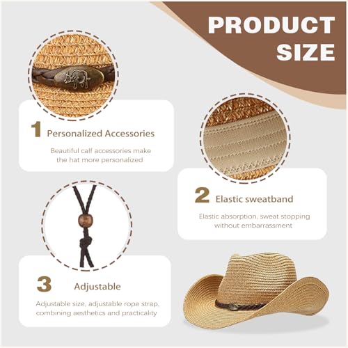 Straw Cowboy Hats Western Cowgirl Hat for Holiday Woven Beach Sun Hat with Shapeable Wide Brim Cowboy Hat for Women/Men - color: Khaki