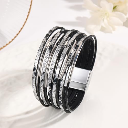 VIBILIA Boho Leather Wrap Bracelets for Women Men Multi-Layer Bracelets with Strong Clasp Western Jewelry - color: 10-Simple Style-Black