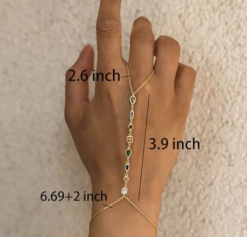 Rhinestone Gold Hand Chain Bracelet for Women – Dainty Brass Finger Ring Bracelet with Colorful Crystal Stones, Adjustable Hand Harness Bracelets Jewelry, Boho Fashion Accessories, Gift for Her