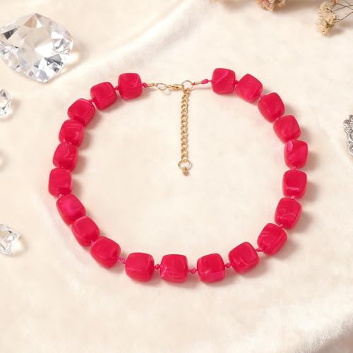 Statement Bead Necklaces for Women Boho Collar Necklace Chunky Red Resin Simple Elegant Bohemian Dress Accessories - color: A3:Rose red bead necklace