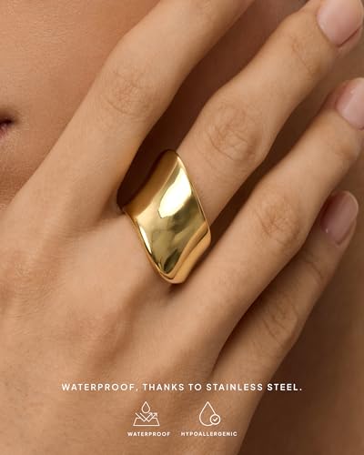 PAVOI 14K Gold Plated Chunky Statement Ring for Women | Stainless Steel Hypoallergenic Wide Stackable Rings - color: Yellow Gold