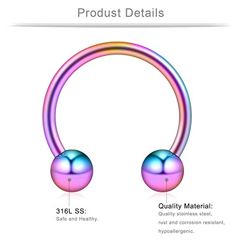 Ruifan 16G Surgical Steel CBR Nose Septum Horseshoe Earring Eyebrow Tongue Lip Nipple Helix Tragus Piercing Ring 6-16mm - color: 6PRS - Rainbow