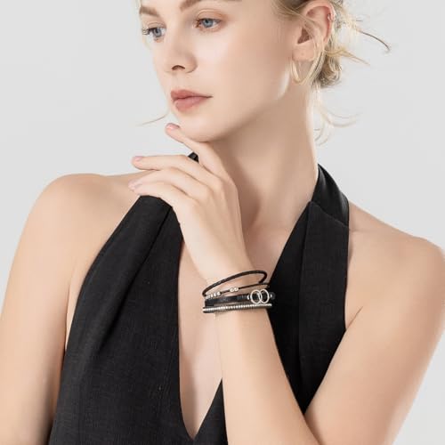 FANCY SHINY Boho Leather Wrap Bracelet Stackable Infinity Chunky Cuff Bracelets Western Hippie Outfits Jewelry Valentine Gifts for Women - color: Black
