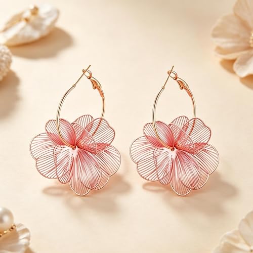 Gold Flower Statement Earrings for Women Boho Trendy Hoop Earrings Floral Dangle Petal Earring Prom Wedding Jewelry Gifts - color: A4:pink