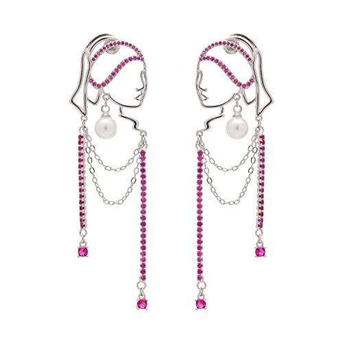 Unique Abstract Face Art | Dangle Statement Long Earrings for Women | Rhinestone Tassel Handmade Chandelier Earrings - color: Silver Red Diamond