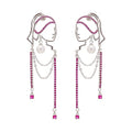 Unique Abstract Face Art | Dangle Statement Long Earrings for Women | Rhinestone Tassel Handmade Chandelier Earrings - color: Silver Red Diamond