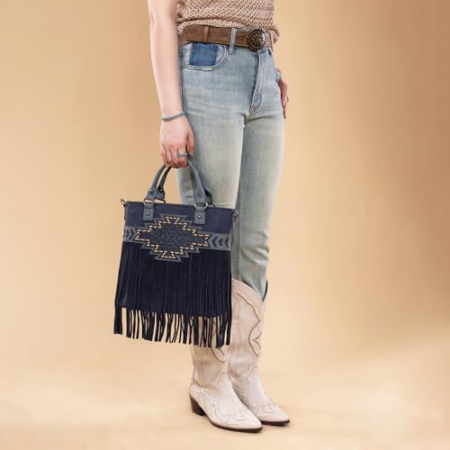 Trinity Ranch Crossbody Bags for Women Tooled Fringe Top Handle Handbags Vintage Western Purse - color: Navy