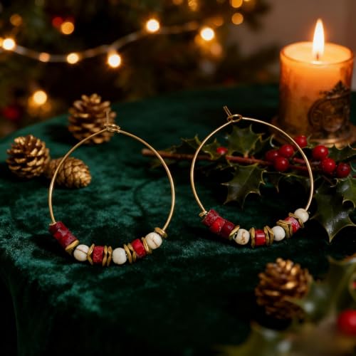 Natural Stone Beaded Hoop Earrings for Women, Boho Handmade Lightweight Hypoallergenic Trendy Summer Beach Accessories Fashion Jewelry Gift - color: red