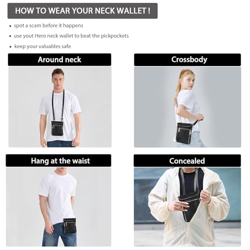 LANNSYNE Leather Travel Wallet, Neck Wallet Travel Pouch and Passport Holder for Men and Women Keep Valuables Safe - color: Black