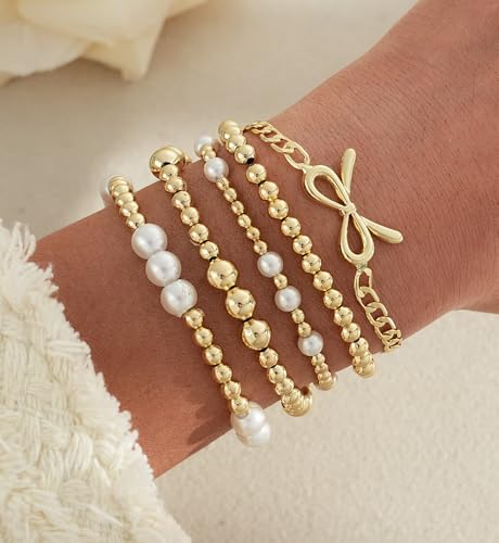 Gold Beaded Bracelets for Women, 14K Real Gold Plated Jewelry for Women Dainty Pearl Bead Bracelets Stack, Non Tarnish Trendy Stackable Ball Cross Stretch Bracelet Set Fashion Accessories Gifts - color: Gold bead & Bow chain