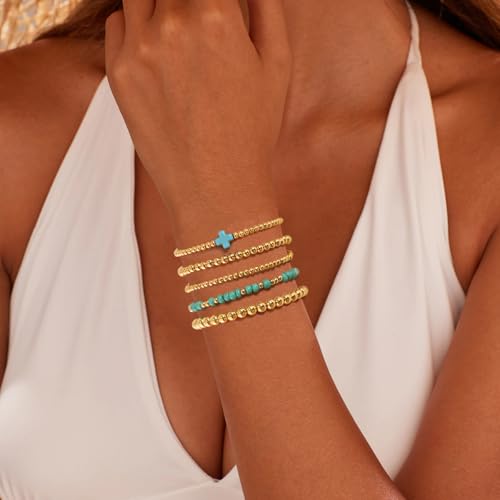 VIBILIA Gold Beaded Bracelets Set for Women 14K Gold Plated Dainty Pearl Cross Bracelet Stack Stretch Bracelet Set Fashion Accessories Gifts - color: 5P-MZSZJ-Green