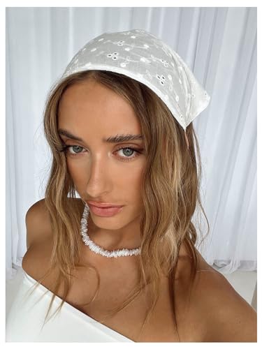 SHENHE Women's Head Scarf Elastic Eyelet Embroidered Headband Hair Bandana Head Kerchief White One-Size