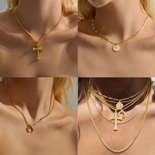 6PCS Layered Gold Necklaces for Women Trendy, 18K Gold Plated Cross Pendant Necklace Set, Vintage Chunky Gold Necklace Stack for Women Jewelry Gifts - style: 6PCS Layered Necklace Set