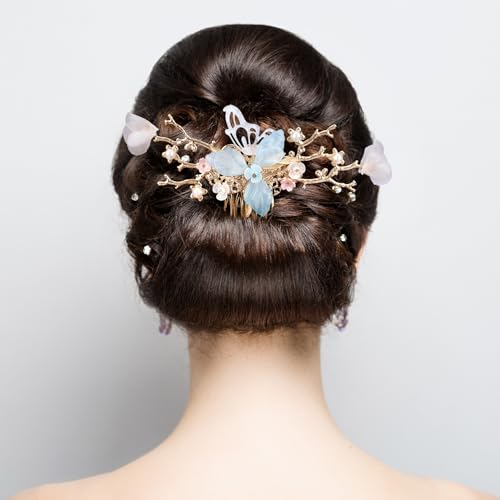 HINZIC 5pcs Flower Tassels Hairpin for Women, Non-Slip Crystal Pearl Greenstick Hair Clips, Retro Chinese Hanfu Wedding Brides Hair Accessories for Long Hair - color: Blue Branch