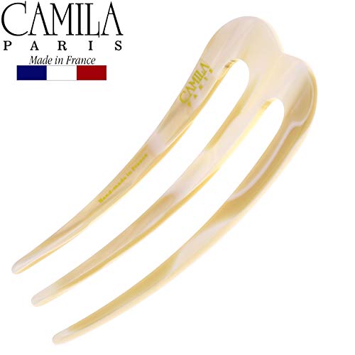 Camila Paris CP2973 French Twist Stick Clip Pins, White, Wavy Hair Pin 3-Prong Hair Fork for Girls Spiral Updo Chignon Bun Holder, Flexible and Styling Hair Accessories for Women, Handmade in France - color: 3-Prong White