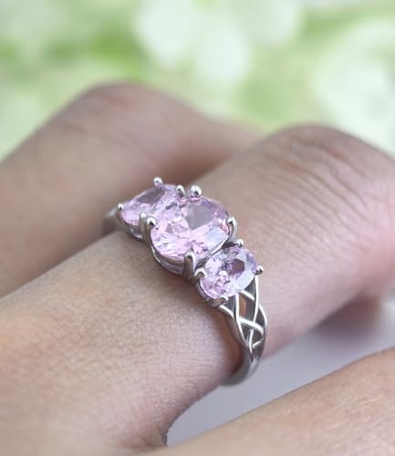 Celtic Birthstone Rings for Women 925 Sterling Silver Celtic Knot Ring 3-Stone Promise Rings for Her Wife Birthday Anniversary Wedding Jewelry - color: 10-Oct-Pink Tourmaline