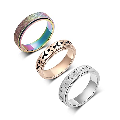 Anxiety Ring for Women Spinner Rings:Rotating Rings Stainless Steel 6mm Moon Star Anxiety for Men Band Jewelry Gift for Women Size 6 7 8 9 10 - color: Three Color