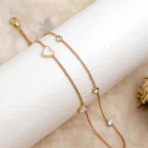 Dainty Gold Shell Pearl Charm Ankle Bracelet for Women Trendy non-Tarnish Adjustable Anklet Summer Beach Fashion Jewelry Gift - color: Heart Rhinestone