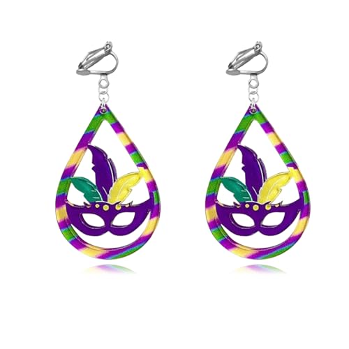 Mardi Gras Clip on Earrings for Women Boho Acrylic Parade Lette Mardi Gras Carnival Clip on Earrings Holiday Festival Jewelry Gifts Accessory - color: style2
