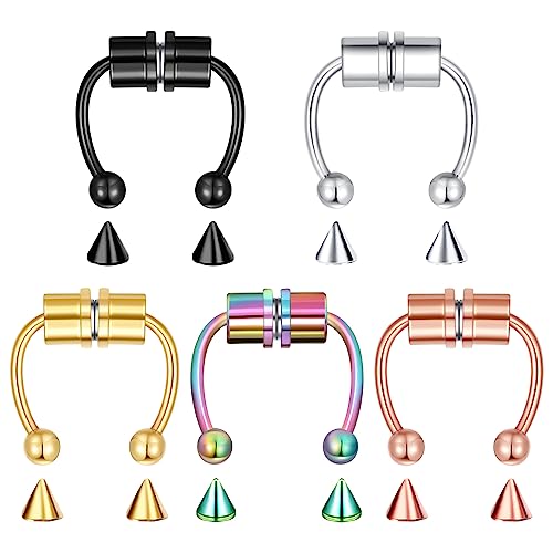 5-18 Pcs Nose Rings Hoops Fake Nose Ring Fake Septum Fake Lip Rings Fake Septum Piercing Fake Nose Piercing Fake Nose Hoop Double Hoop Nose Ring Fake Double Nose Ring Nose Cuffs Faux Nose Rings Clip On Cartilage Hoop Earring - color: C0: 5Pcs Gold Silver