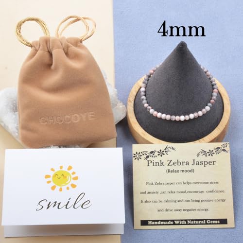 468Handmade Adjustable Natural Gemstone Crystal Bracelet Healing Power Energy Inspirational Gifts with Card for Unisex - color: 07-Pink Zebra Jasper(Relax mood), size: 4mm