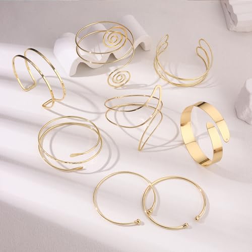 Arm Cuff Bracelet for Women Arm Layered Cuff Bangles Adjustable Coil Swirl Armlet ArmBand Stackable - style: 8 Sets Gold