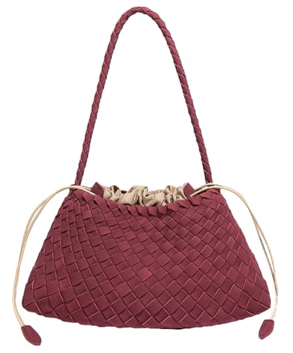 Woven Hobo Bags for Women Suede Woven Tote Bag Trendy Bucket Purse Underarm Shoulder Bag Vintage Tote Handbag Clutch Purses - color: Suede-burgundy