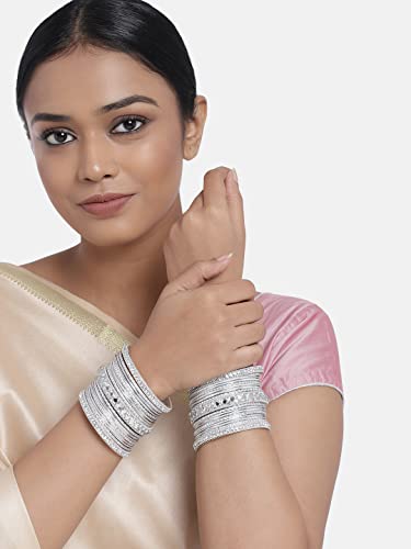 Aheli Ethnic Colorful Metal Bangles Chudha Set Stone Studded Bangle Set Indian Wedding Wear Fashion Jewelry Gift for Women Blue - color: Silver