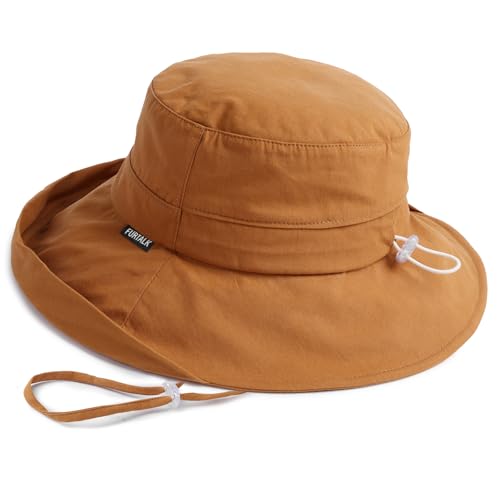 FURTALK Sun Hats for Women Wide Brim Ponytail Beach Sun Protection Hat with Fold-Up Brim Bucket Hat - color: Brown