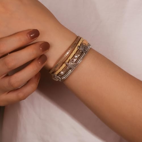 FANCY SHINY Turtle Starfish Leather Wrap Bracelet Boho Rhinestone Pearl Cuff Bracelets for Women Summer Beach Jewelry for Women - color: Gold